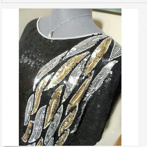 JOSEPH LE BON 100% Silk Sequin Top M Black Leaves Vintage - Picture 3 of 7